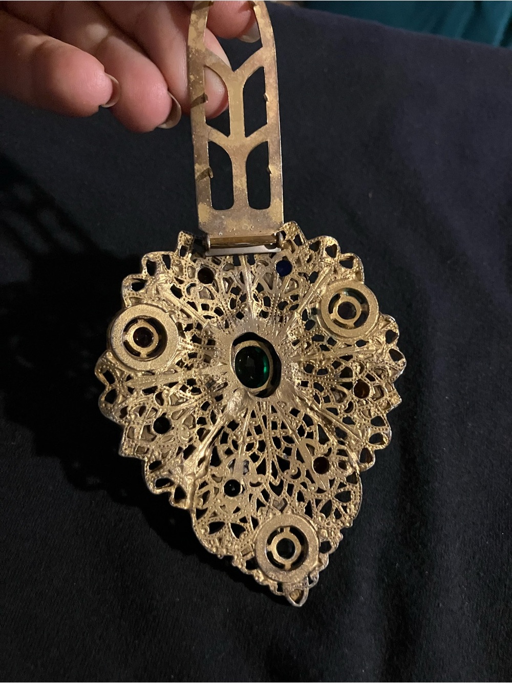 Gold-Tone Multicolor Filigree Statement Brooch / Dress Clip - Picture 4 of 10